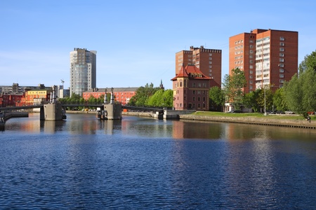 Kaliningrad city, view of the pedestrian bridge and buildings on the banks of the river Pregolya 
の写真素材