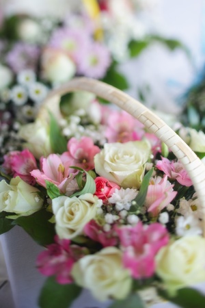 Wedding bouquets on a table at restaurant during preparation for wedding. Selective Focus.の写真素材