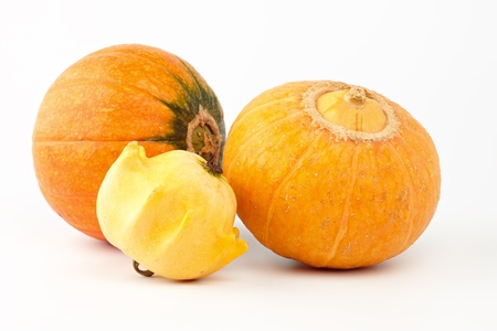 Two decorative pumpkins and squash on a white backgroundの写真素材