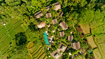 Aerial view of swimming pool in a typical villasの写真素材