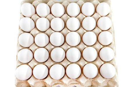 Eggs in tray of carton isolated on white background.