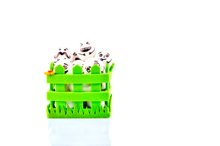 Funny easter eggs with different funny faces in the green basket on white background.の写真素材