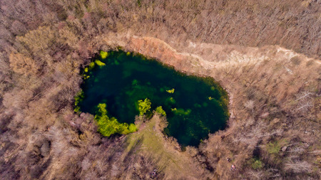Beautiful aerial view of the wild green lake in the forest. Top view.の写真素材