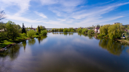 Aerial view of lake in the city. Spring.の写真素材