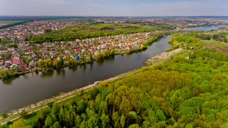 Beautiful scenery on the lake and city. Aerial view.の写真素材