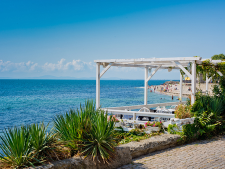 Summer empty cafe by the sea.の写真素材