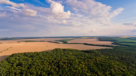 Aerial view of fields, forest, river, a beautiful landscape of nature.の写真素材