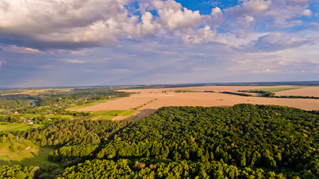 Aerial view of fields, forest, river, a beautiful landscape of nature.の写真素材