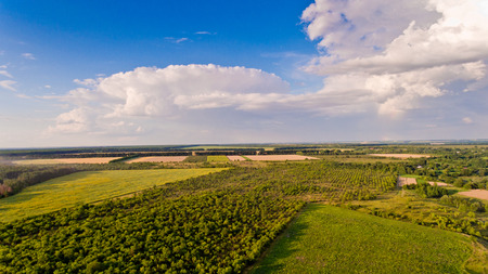 Aerial view of fields, forest, river, a beautiful landscape of nature.の写真素材