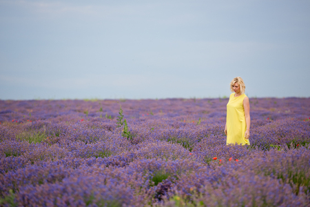 Young girl in yellow dress, posing in a lavender field.の写真素材