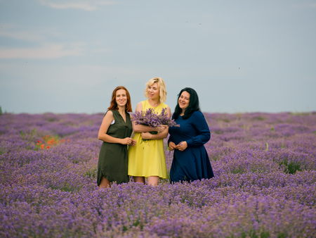 Three young girls with different hair color in different dresses, posing together in a lavender field.の写真素材