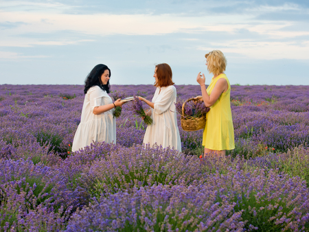 Three young girls with different hair color in white dresses, posing together in a lavender field.の写真素材
