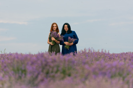 Two young girls with different hair color in blue and green dresses, posing together in a lavender field.の写真素材