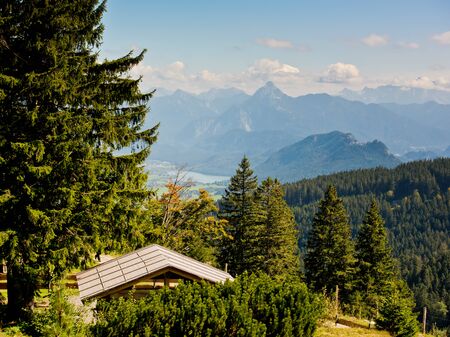 Gazebo for relaxing in the mountains. Landscape with forest mountains.の写真素材