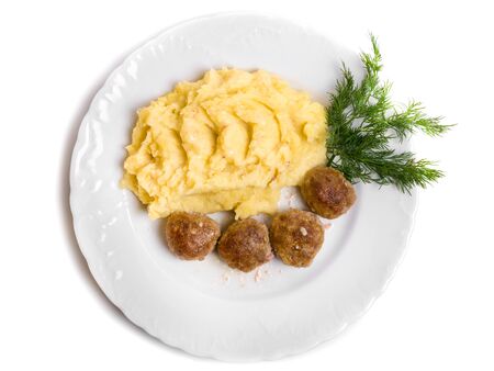 Cutlets with meat and mashed potatoes. Isolated on white background. Top view.の写真素材