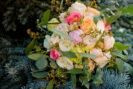 Wedding bouquet on a green bush.の写真素材