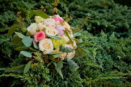 Wedding bouquet on a green bush.の写真素材