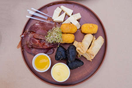Beer snacks on a clay plate: bastruma, feta cheese, cheese in batter, honey and mustard.の写真素材