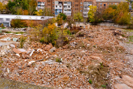 Mountains of bricks from a destroyed building.
