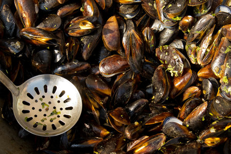 The process of preparing mussels in a large saucepan. Street food festival. Selective focus. Close-up.の写真素材
