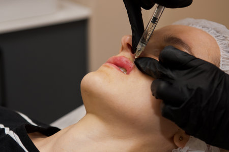 beauty injections. Young woman receiving an injection in her lips. selective focus.の写真素材