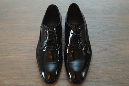 Black men's shoes, groom's wedding shoes. Set groom accessories. soft focus.の写真素材