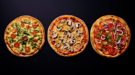 Collection of pizza on black background. Generative AI technology.の素材