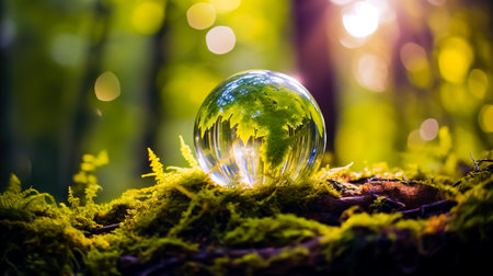 Green globe in forest with moss and sunlight. Generative AI technology.の素材