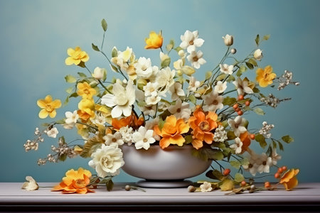 Spring plant concept, colorful beautiful fresh flowers on a pastel blue background. Generative AIの素材