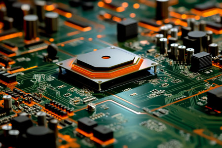 A close-up of a circuit board reveals the minuscule computer chip at its core. Generative AI.の素材
