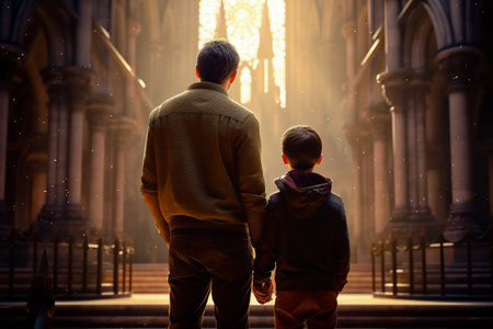 A father and son stand in a church and look out into the sunlight. Back view. Generative AI.の素材