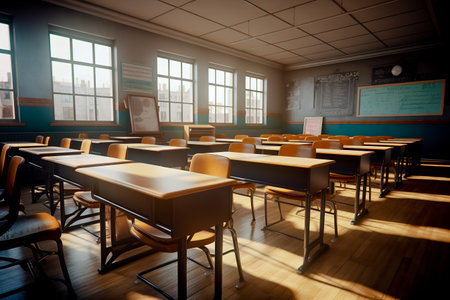 An empty classroom in a typical school. Generative AI.の素材
