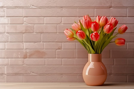 Bouquet of orange, yellow and pink tulips in a vase on a brick wall background. Generated ai.の素材