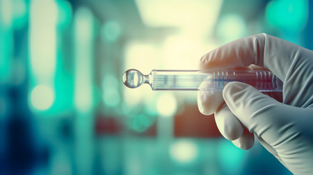 An expert hand in a blue glove holds a tissue sample in a clear vial. Close-up. Generated ai.の素材