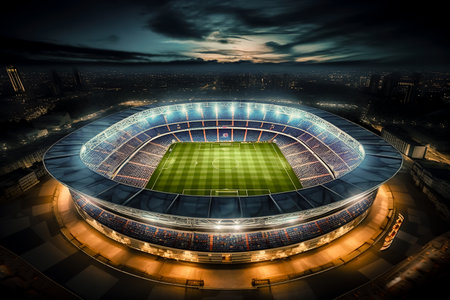 Panoramic view of modern stadium during football match. Generative AIの素材