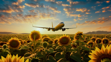 Airliner above a field of sunflowers. Generative AIの素材