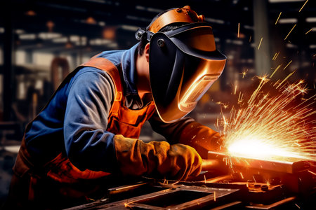 Workers are welding metal at an industrial factory. Generative AI.の素材