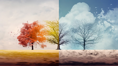 Seasons, a tree in a field. Generative AI.の素材