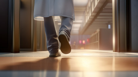 Legs walking in hospital with copy space in modern hospital. Generative AI.の素材