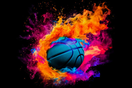 Basketball in explosion of colored neon powder isolated on black background. Generative AIの素材
