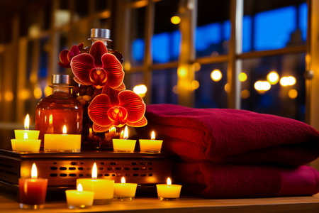 Beautiful spa composition on massage table in wellness center. Generative AIの素材