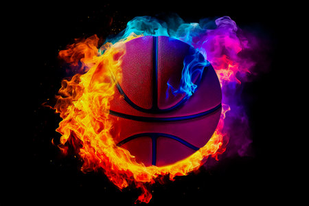 Basketball in explosion of colored neon powder isolated on black background. Generative AIの素材