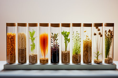 Plant seeds in test tubes for genetics research Laboratory Analysis of Agricultural Commodities. Generative AIの素材