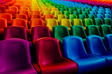 Rows of rainbow color seats in a theater. Generative AIの素材