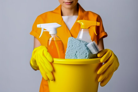 Woman is holding cleaning product, gloves and rags in the basin. Generative AIの素材