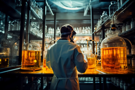 Scientist analyzing liquid using protective equipment indoors, back view. Generative AIの素材