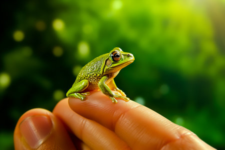 A frog on a person's finger. Generative AI.の素材