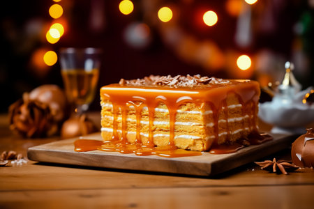 Board with delicious caramel cake on table. Generative AI.の素材