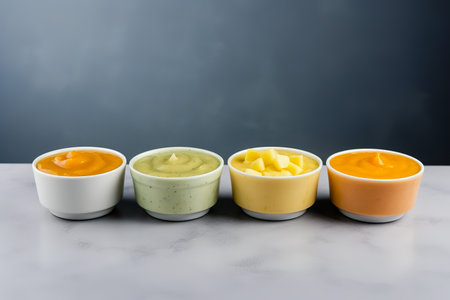 Bowls with baby food on gray background. Generative AI.の素材