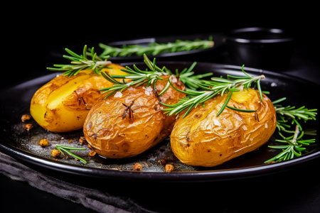 Delicious baked potatoes with rosemary on slate plate, closeup. Generative AI.の素材
